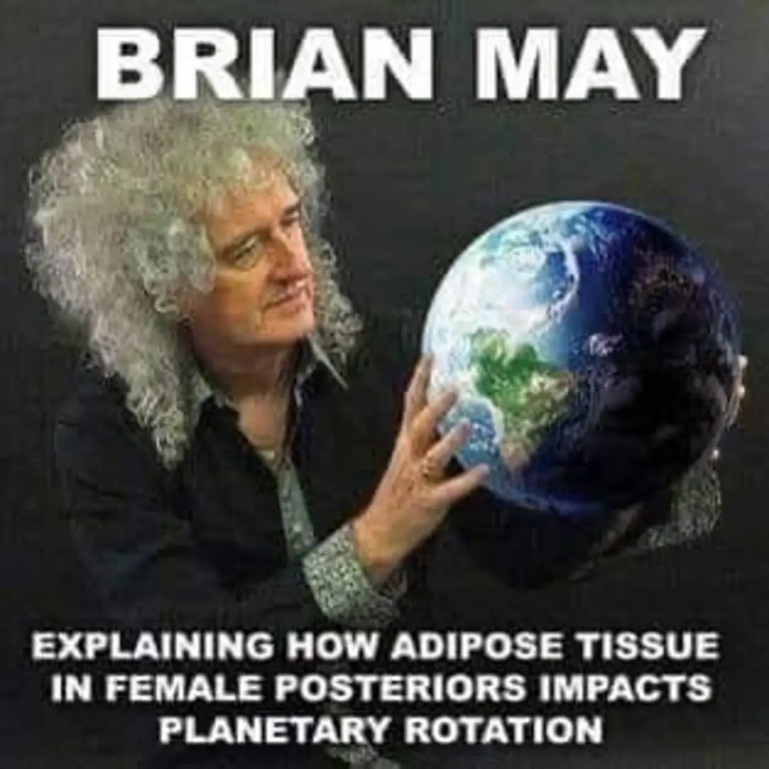 BRIAN MAY EXPLAINING HOW ADIPOSE TISSUE IN FEMALE POSTERIORS IMPACTS PLANETARY ROTATION