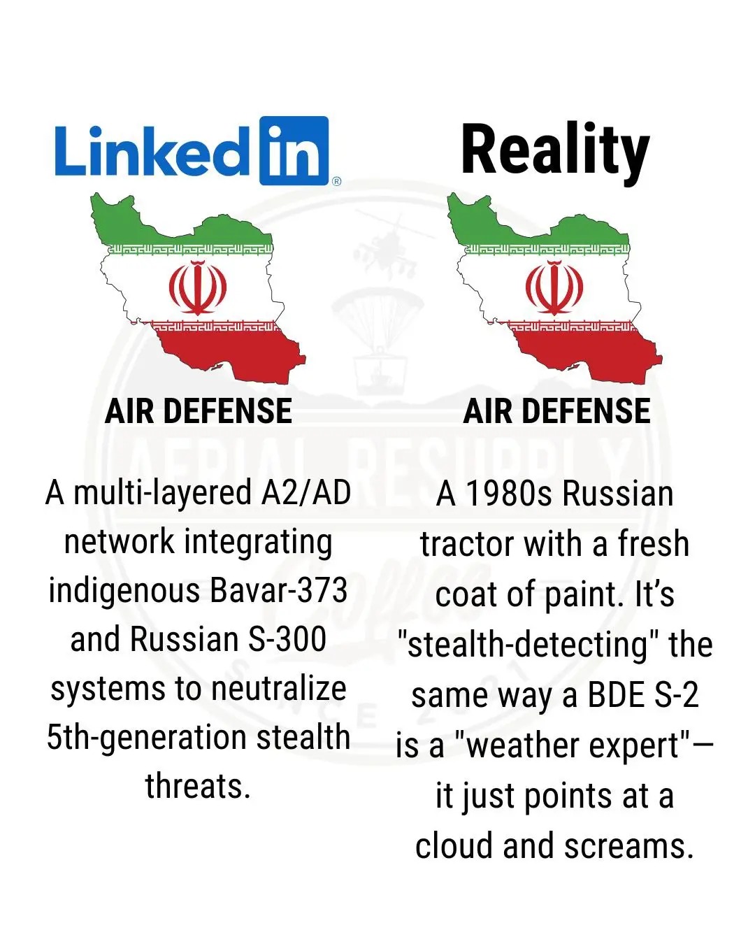 Linked in. AIR DEFENSE A multi-layered A2/AD network integrating indigenous Bavar-373 and Russian S-300 systems to neutralize 5th-generation stealth threats. Reality AIR DEFENSE A 1980s Russian tractor with a fresh coat of paint. It's "stealth-detecting" the same way a BDE S-2 is a "weather expert"- it just points at a cloud and screams.