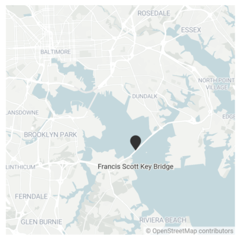 BALTIMORE ANSDOWNE BROOKLYN PARK LINTHICUM FERNDALE GLEN BURNIE ROSEDALE ESSEX NORTH POINT VILLAGE DUNDALK EDGE Francis Scott Key Bridge RIVIERA BEACH &copy; OpenStreetMap contributors