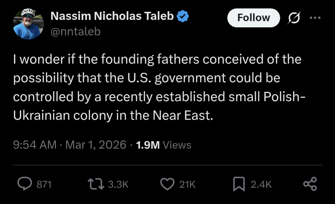 Nassim Nicholas Taleb &lsaquo;&rsaquo; Follow @nntaleb I wonder if the founding fathers conceived of the possibility that the U.S. government could be controlled by a recently established small Polish- Ukrainian colony in the Near East. 9:54 AM &bull; Mar 1, 2026 &bull; 1.9M Views 871 1] 3.3K 21K 2.4K